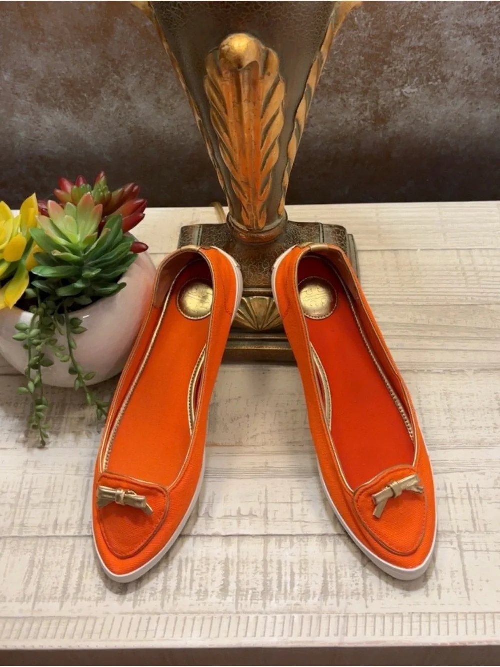 Tory Burch Orange Leather Ballet Flats with Logo Hardware ~ Size 6
